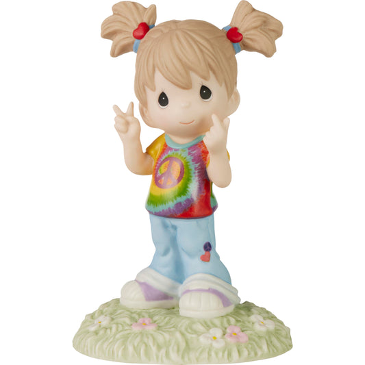 Precious Moments Hippie Girl Figurine | Peace and Love Bisque Porcelain Figurine | Fun, Groovy Girl with Peace Sign | Home Decor & Gifts | Hand-Painted