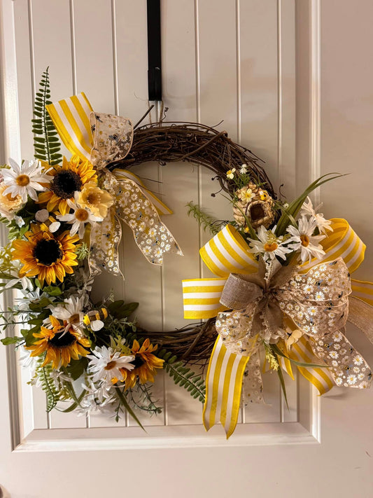 Handcrafted Everyday Door Wreath in Yellow / Bumblebee with Sunflower
