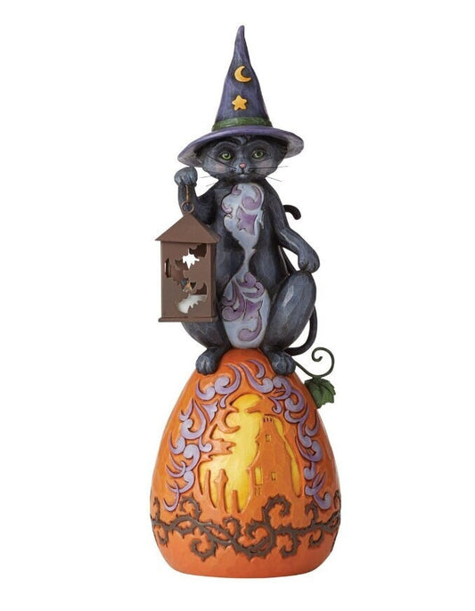 New jim shore halloween 21&quot; black cat pumpkin statue - lights up 6006251