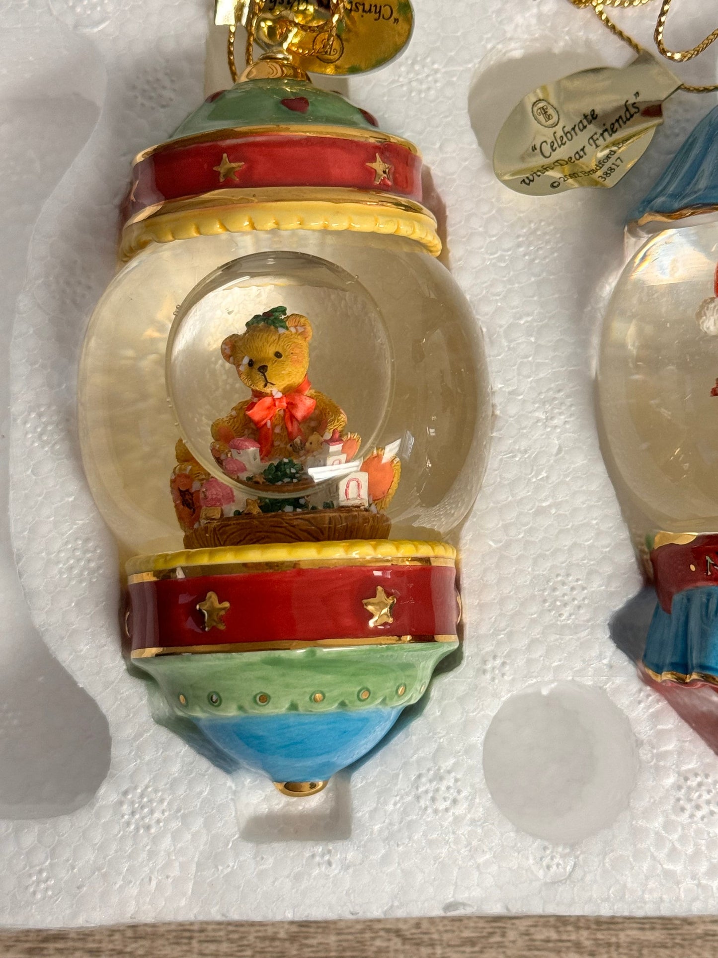 Cherished Teddies RARE Set of 2 Holiday Christmas Snow Globe 3.5" Ornaments 38817