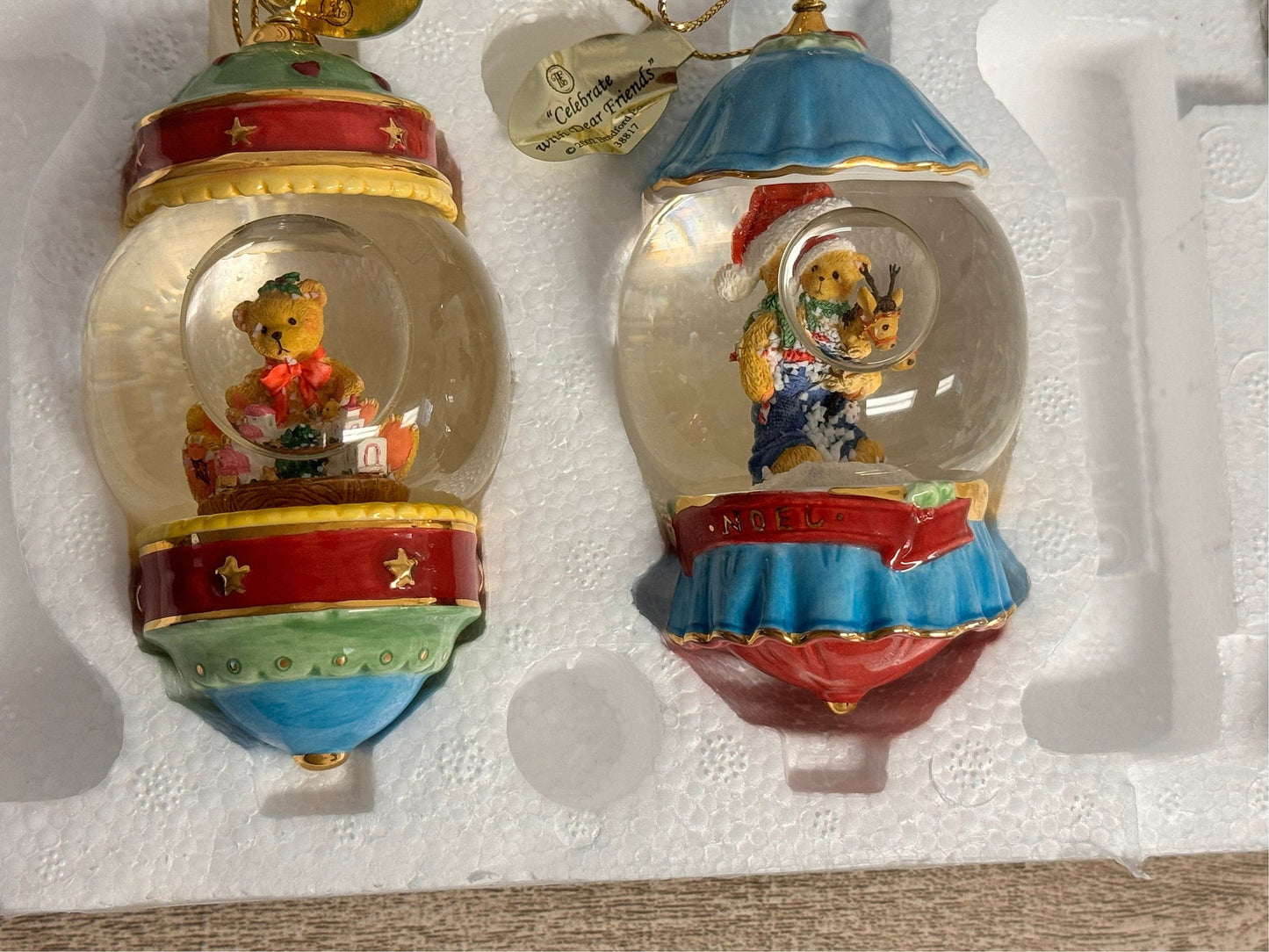 Cherished Teddies RARE Set of 2 Holiday Christmas Snow Globe 3.5" Ornaments 38817