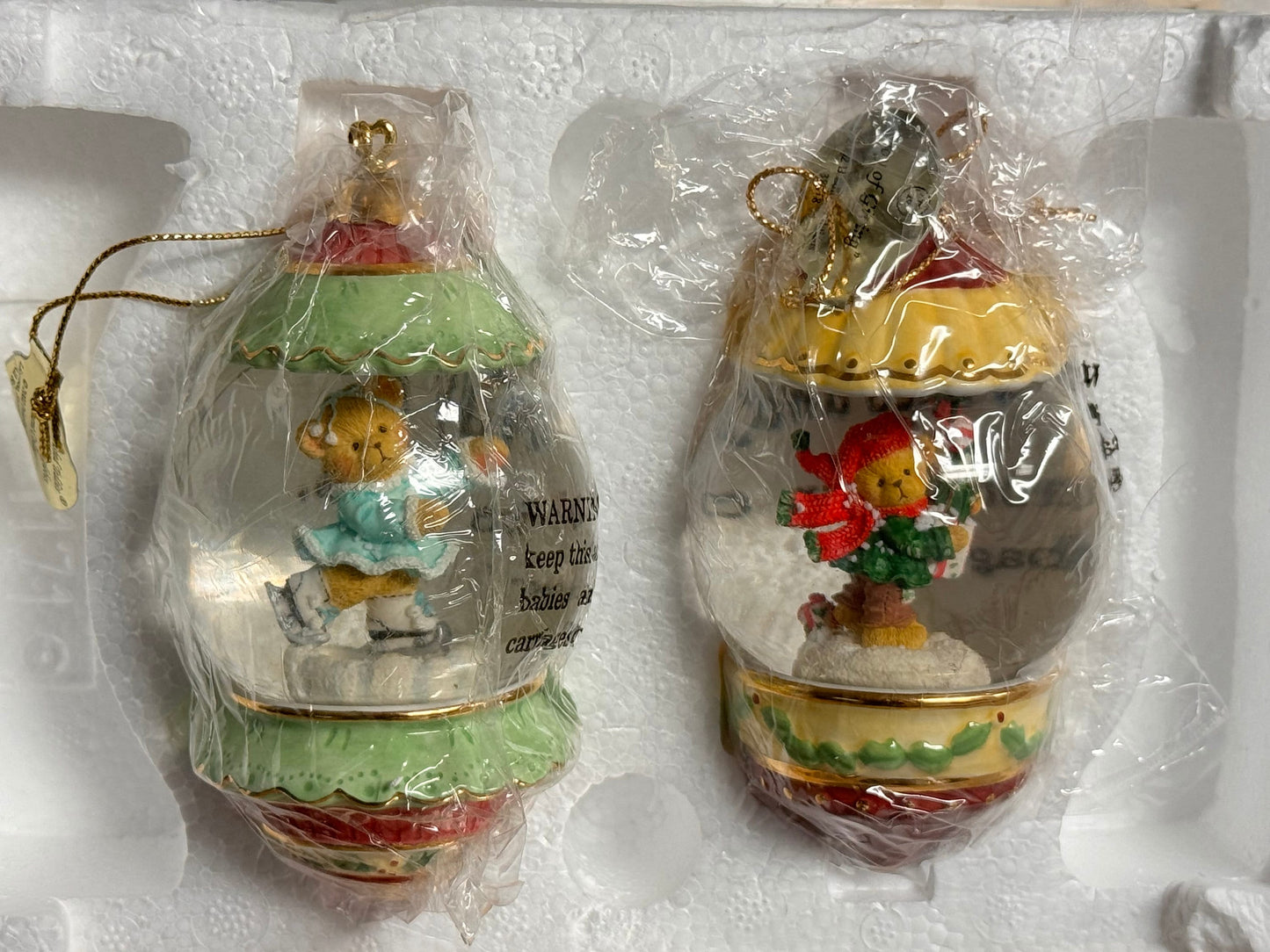 Cherished Teddies RARE Set of 2 Holiday Christmas Snow Globe 3.5" Ornaments 38818