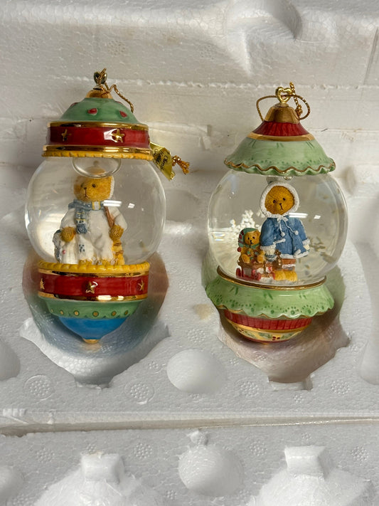 Cherished Teddies RARE Set of 2 Holiday Christmas Snow Globe 3.5" Ornaments 38812