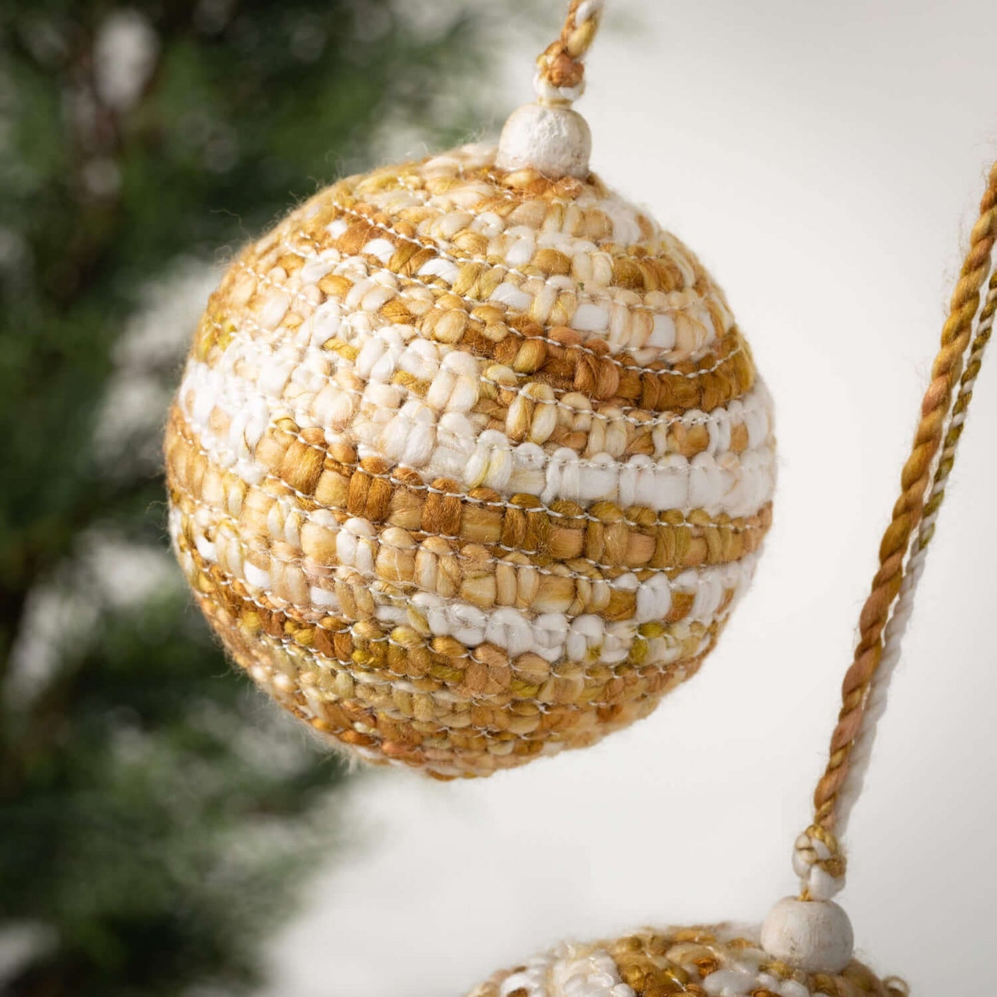 NEW Boho Set of 2 Gold - White Knit Ball Ornaments