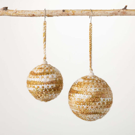 NEW Boho Set of 2 Gold - White Knit Ball Ornaments