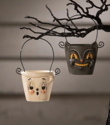 New Johanna Parker Boo & Cat Teeny Halloweenie Pail Ornaments Set of 2 - 2.5" x 2.5" x 2.25"