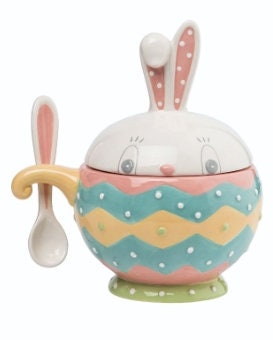 New Johanna Parker Easter Dottie Bowl with Spoon & Lid (Yellow Handle) 7.25" L x 5.75" W x 8.00" H