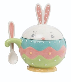 New Johanna Parker Easter Dottie Bowl with Spoon & Lid (Green Handle) 7.25" L x 5.75" W x 8.00" H