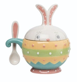 New Johanna Parker Easter Dottie Bowl with Spoon & Lid (Blue Handle) 7.25" L x 5.75" W x 8.00" H