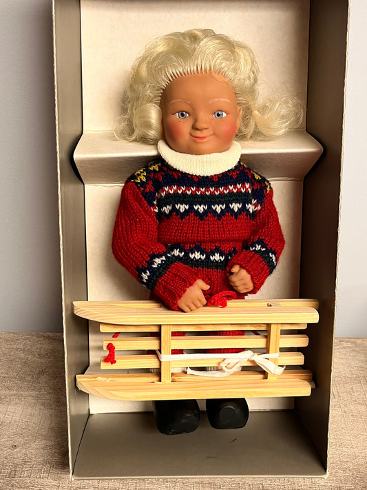 New in Box Antique 12" Doll with Sleigh Fröhliche Weihnachten - Merry Christmas God Jul